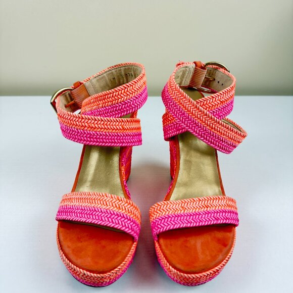 Stuart Weitzman Sherbert Laniard Pink Orange Braided Leather Wedge Sandals - Picture 2 of 11